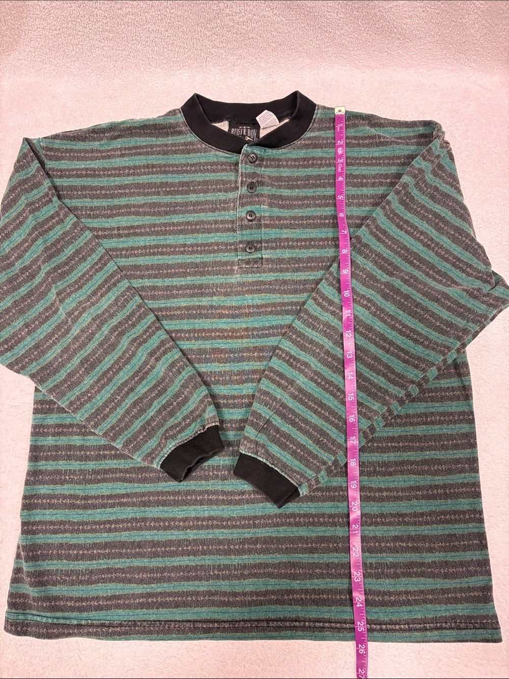 90s Vintage Bugle Boy Grandad Henley L Long Sleeve Stripe Plaid Eclectic med - Picture 3 of 8